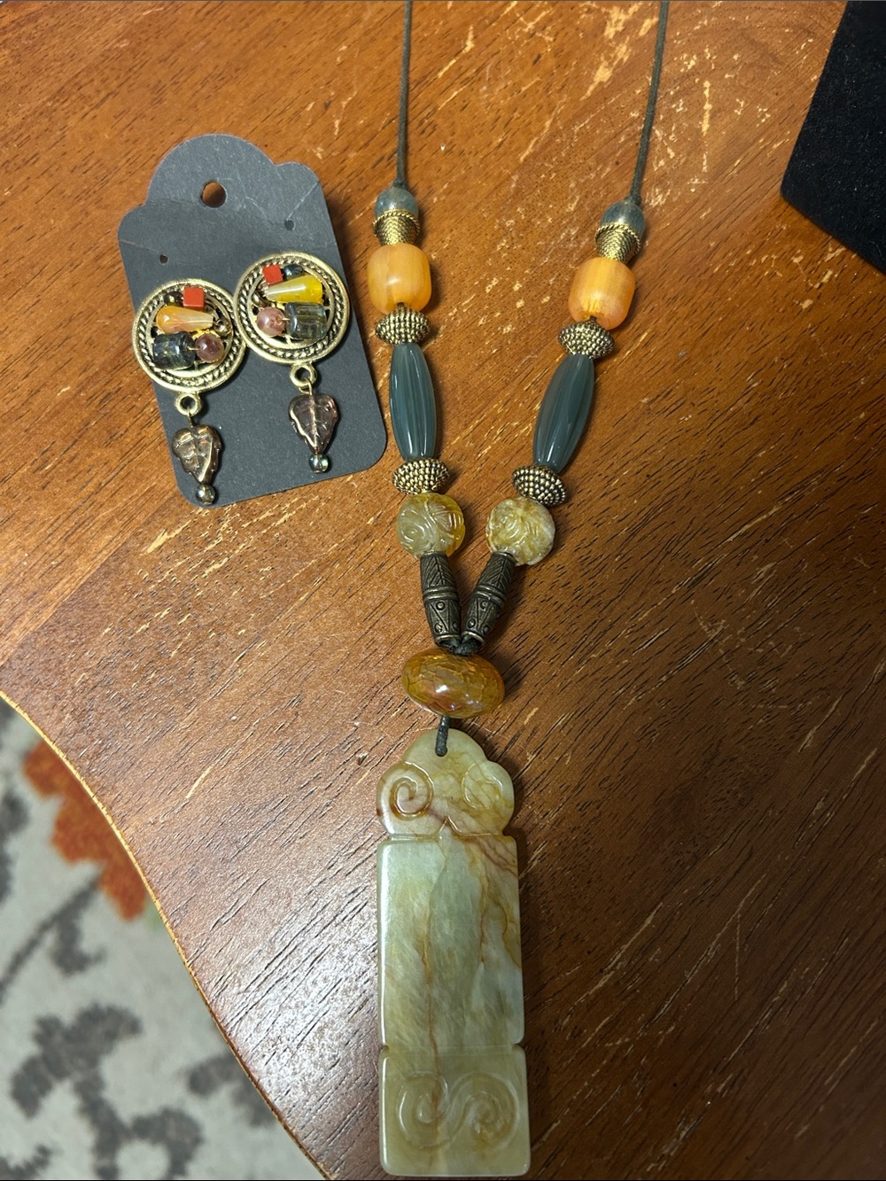 Carved Green Jade Pendant Necklace with Amber Beads